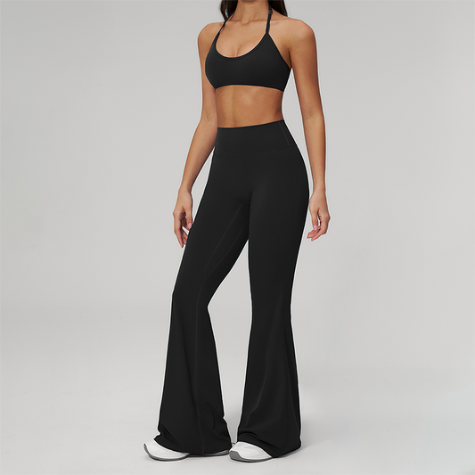 Wholesale Seam-Detail Sports Bra & High-Waist Flare Leggings Set – Brushed Yoga 2-Piece
