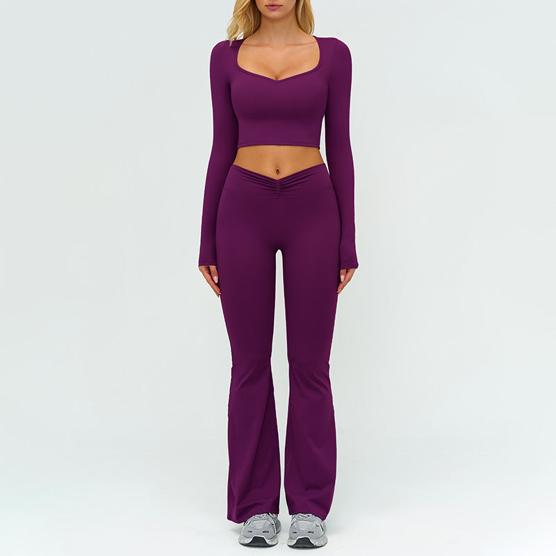 Slim-fitting long-sleeved top + High-waisted flared pants 2-piece set