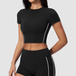 Wholesale Women's Brushed Contrast Piping Short Sleeve Crop Top – Moisture-Wicking Yoga Gym Fitness