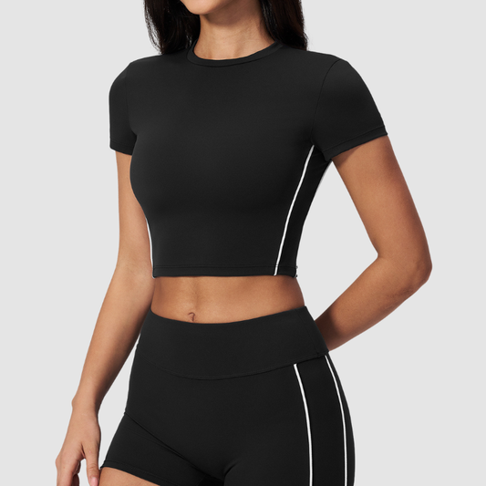 Wholesale Women's Brushed Contrast Piping Short Sleeve Crop Top – Moisture-Wicking Yoga Gym Fitness