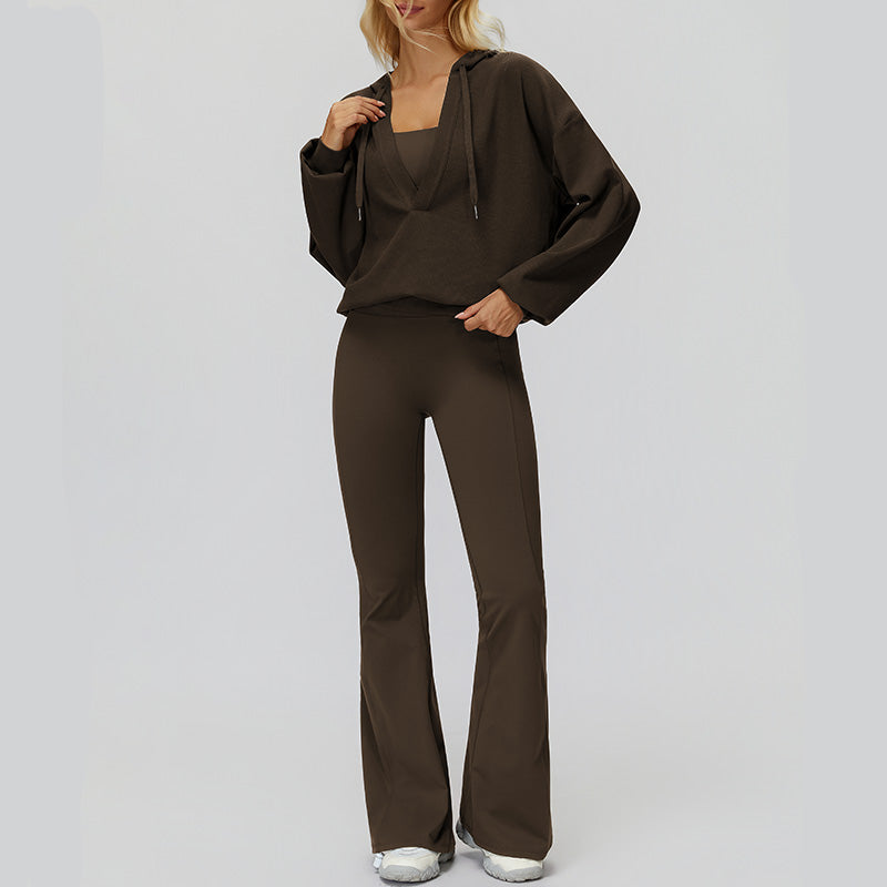 V-neck large hooded jacket+Sports tank top+High-waisted pleated back pants 3-piece set