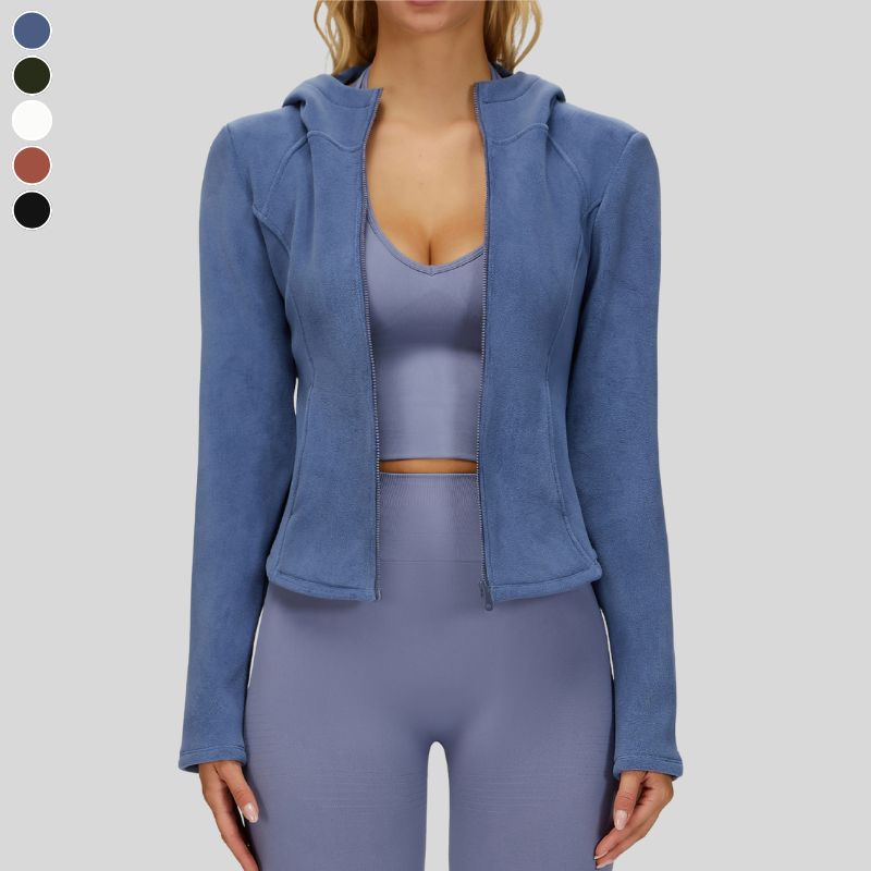 Fleece-lined hooded jacket with zipper.