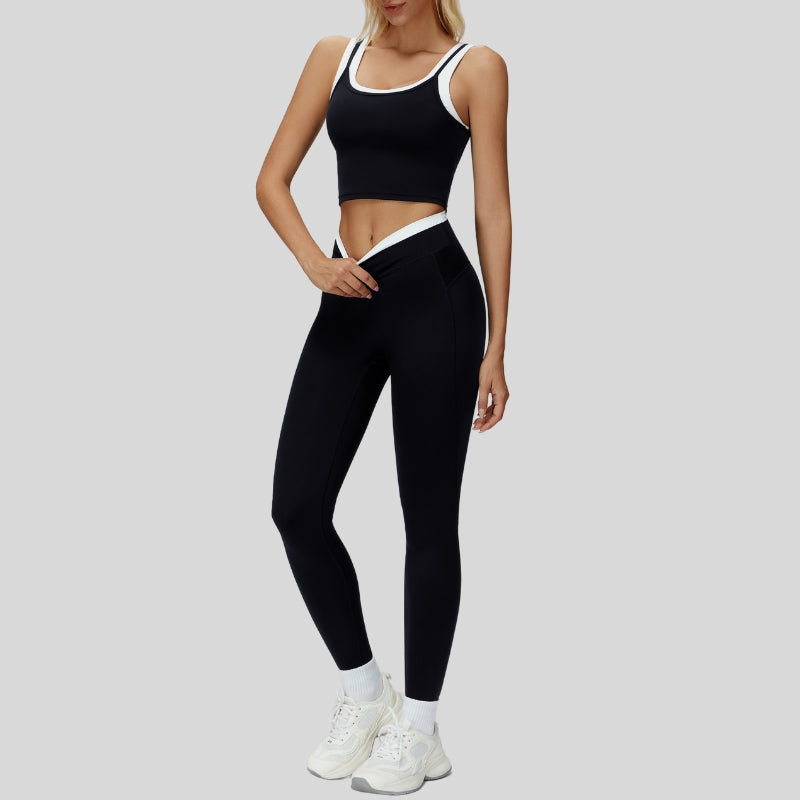 Two-piece contrasting sports tank top+sports leggings 2-piece set