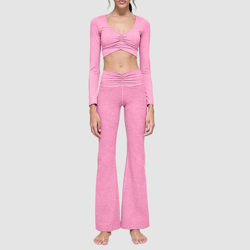 Wholesale Women's Cationic Long Sleeve Top & Wide-Leg Pants Set – Draped Yoga Set