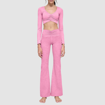 Wholesale Women's Cationic Long Sleeve Top & Wide-Leg Pants Set – Draped Yoga Set