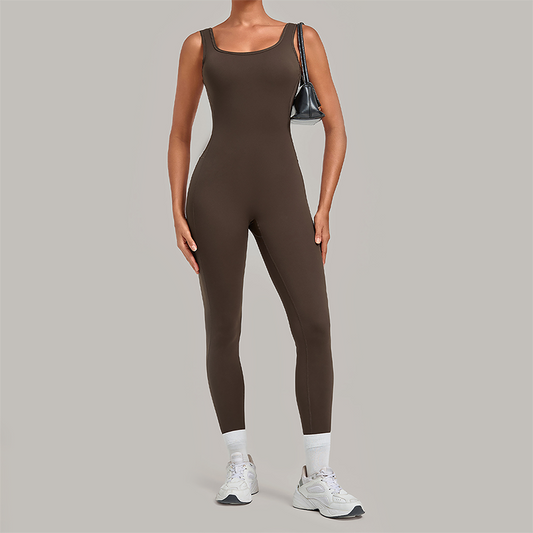 Wholesale Women's Brushed Yoga Jumpsuit – Open-Back Slim Fit Athletic Bodysuit w/ Chest Pad