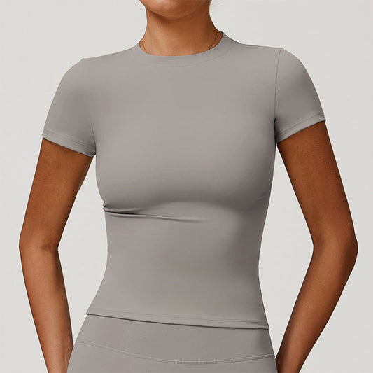 Brushed short sleeve and round neck yoga top