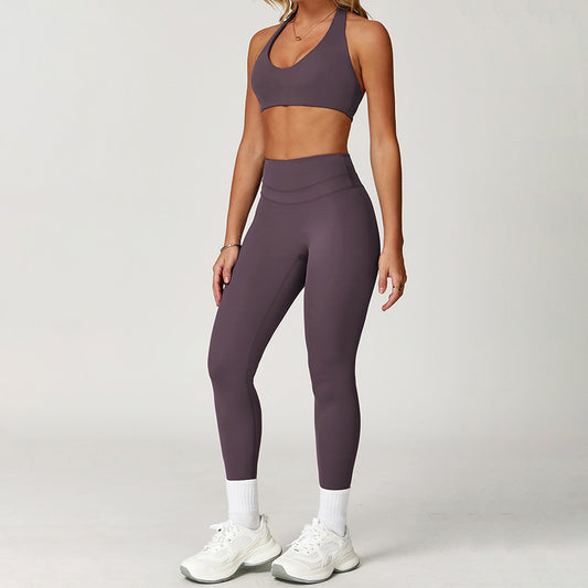 Brushed halter backless Sports Bra + High-Waist leggings 2-Piece Set