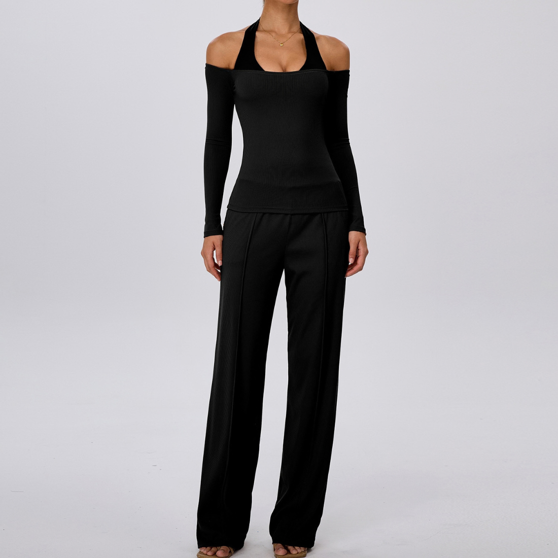 Wholesale Women's Padded Sports Bra+Off-Shoulder Long-Sleeve+Wide-Leg Pants Yoga Set