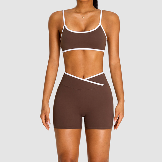 Wholesale Women's Color Block Cross-Back Sports Bra & High-Waist Shorts Set – Naked Feel Yoga Gym Activewear