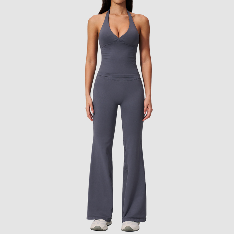 Wholesale Women's V-Neck Halter Sports Bra & Flare Pants Set – Seamless Ribbed Yoga Activewear