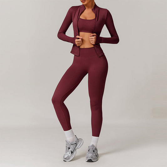 Seamless yoga bra + Full Zipper jackets + high waist leggings 3-piece set
