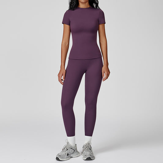Top deportivo de manga corto cepillado + Leggings de cintura alta de 2 piezas