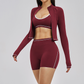 Color blocking Sports jacket+Sport Bra+High waisted shorts 3-piece set