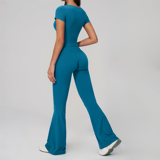 Wholesale Seam-Detail Cropped T-Shirt & Flare Leggings Set – Brushed Yoga 2-Piece