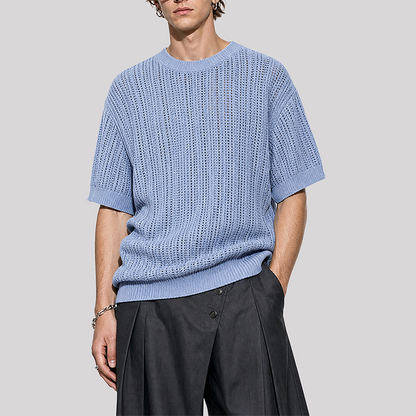 Wholesale Men's Old Money Style Knit T-Shirt – Striped Texture Short Sleeve