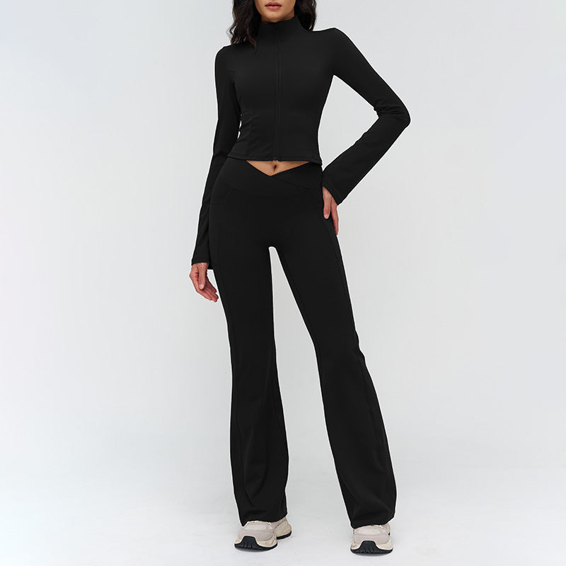 Stand-up collar yoga jacket + nude high-waisted flared pants 2-piece set