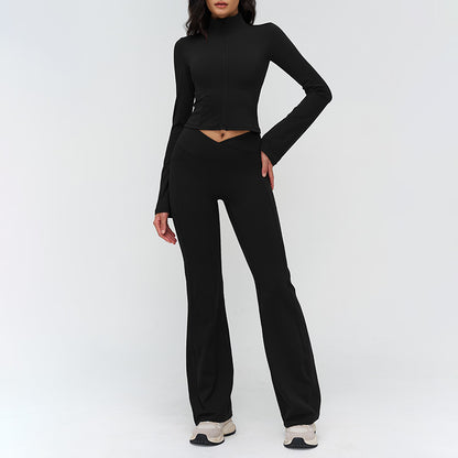 Stand-up collar yoga jacket + nude high-waisted flared pants 2-piece set