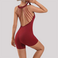 Wholesale Women's Open-Back Athletic Bodysuit – Cloud-Feel Double-Sided Quick-Dry Shorts Jumpsuit