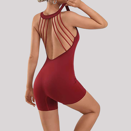 Wholesale Women's Open-Back Athletic Bodysuit – Cloud-Feel Double-Sided Quick-Dry Shorts Jumpsuit
