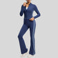 Contrast color slim sports jacket + slim flared pants 2-piece set