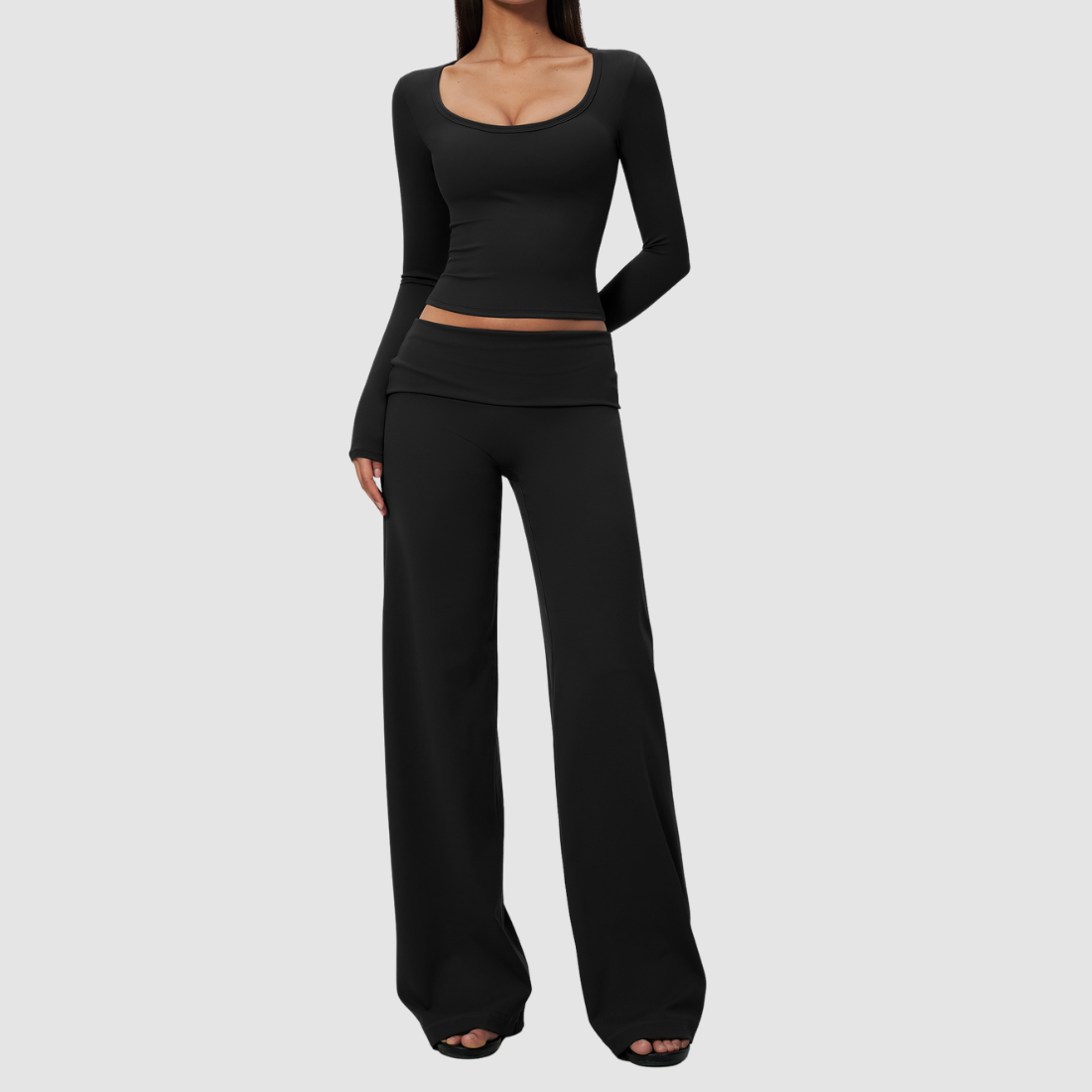 Wholesale Women's Brushed Yoga Set: Long-Sleeve Crop Top & Wide-Leg Pants