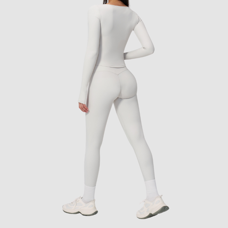 Wholesale Seam-Detail Long-Sleeve Crop Top & High-Waist Leggings Set – Brushed Yoga 2-Piece