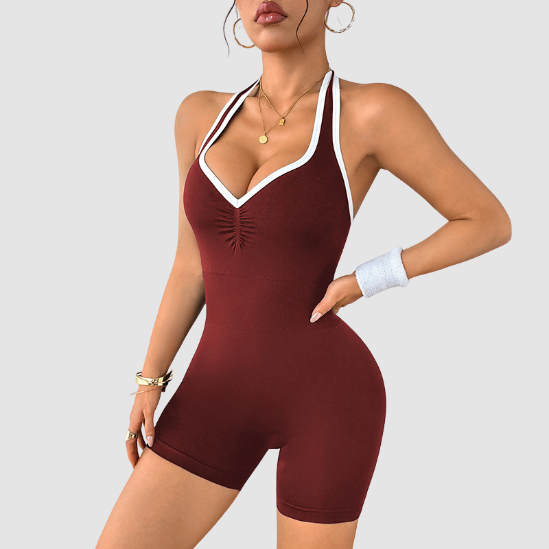 Wholesale Color-Block Halter Neck Backless Jumpsuit Shorts