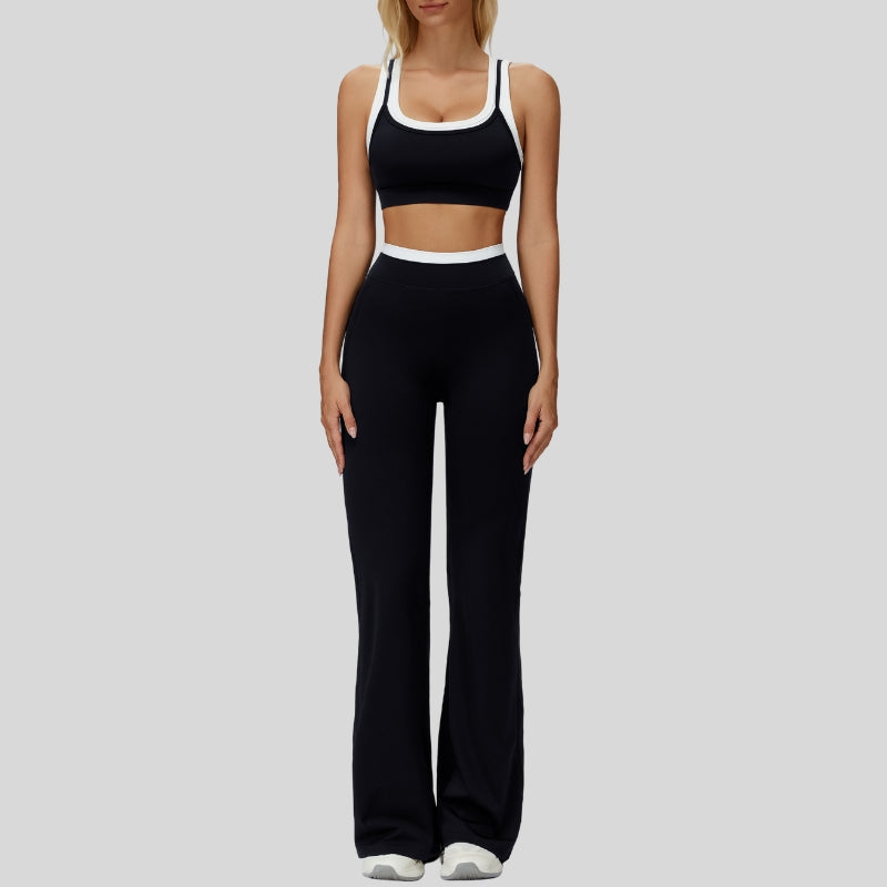 Contrast color sports bra + sport slightly flared pants 2-piece set