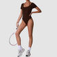 Wholesale Women's Cut-Out Open Back Short Sleeve Yoga Bodysuit – Built-In Bra Pad Gym Fitness One-Piece