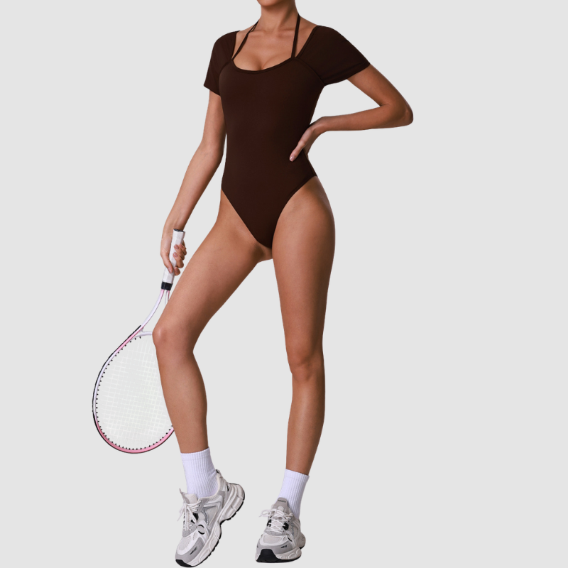 Wholesale Women's Cut-Out Open Back Short Sleeve Yoga Bodysuit – Built-In Bra Pad Gym Fitness One-Piece