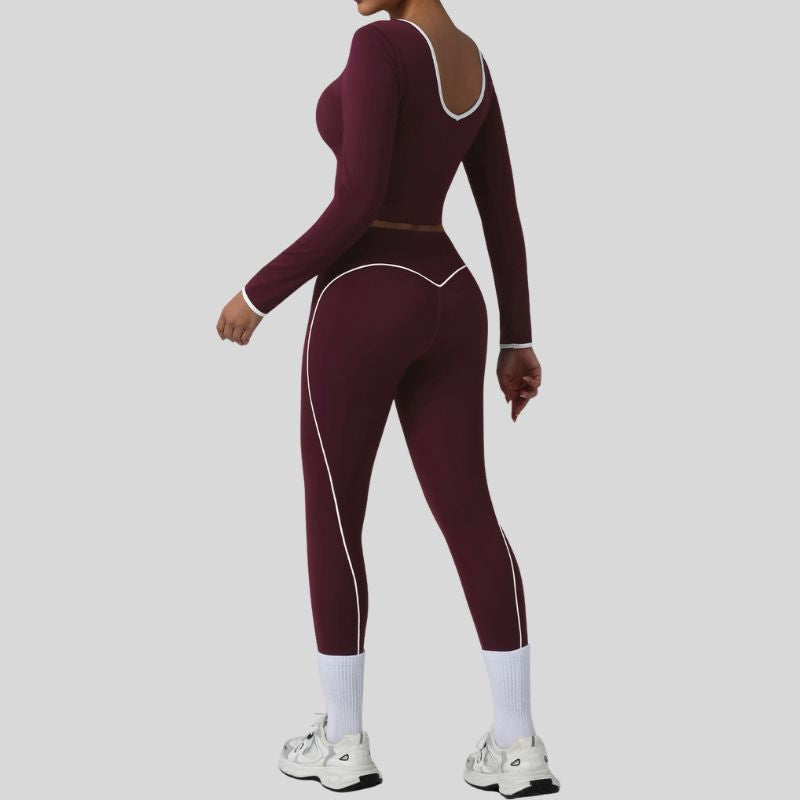 Color-blocked U-shaped backless long-sleeved top + leggings 2-piece set