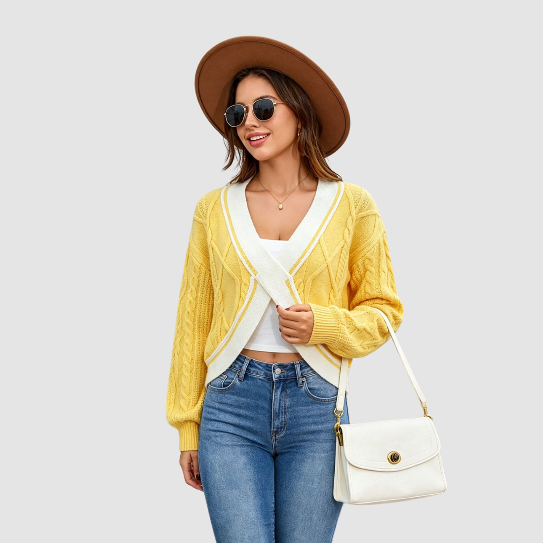 Wholesale Women’s Contrast V-Neck Cropped Knit Sweater