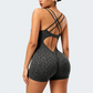 Wholesale Women's Seamless Leopard Print Yoga Bodysuit – Spaghetti Strap Open-Back Athletic Shorts Jumpsuit