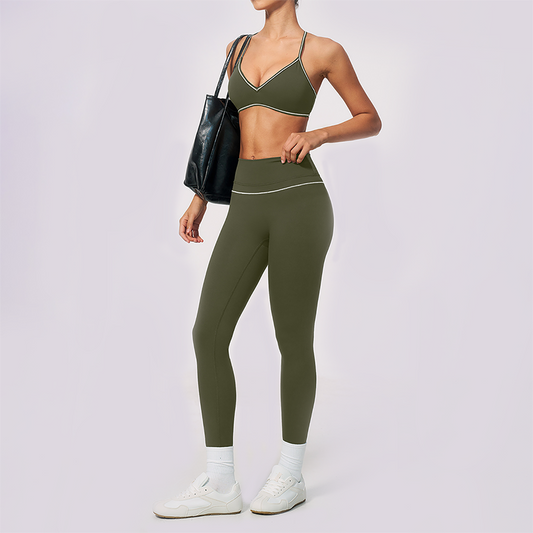 Wholesale Women's Brushed Yoga Set: V-Neck Bra & Leggings – Colorblock Tummy Control