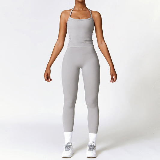 Tapa del tanque de yoga de cruz cepillado + Leggings de cintura alta de 2 piezas