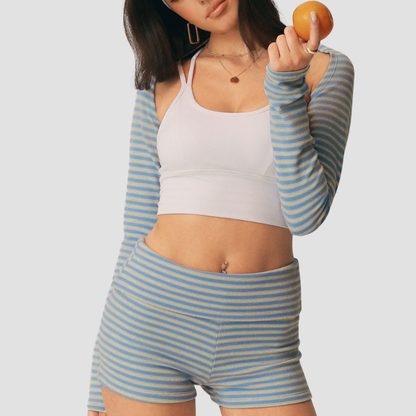 Wholesale Women's Striped Yoga Set – Long Sleeve Shrug & Foldover Shorts