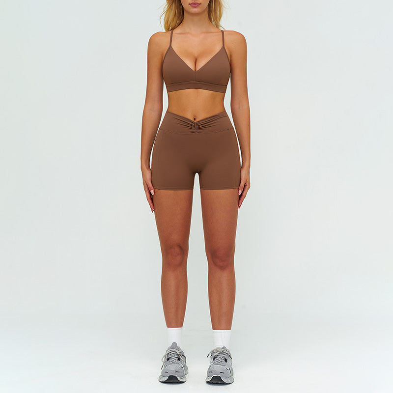 Removable bra pads + high-waisted pleated shorts 2-piece set