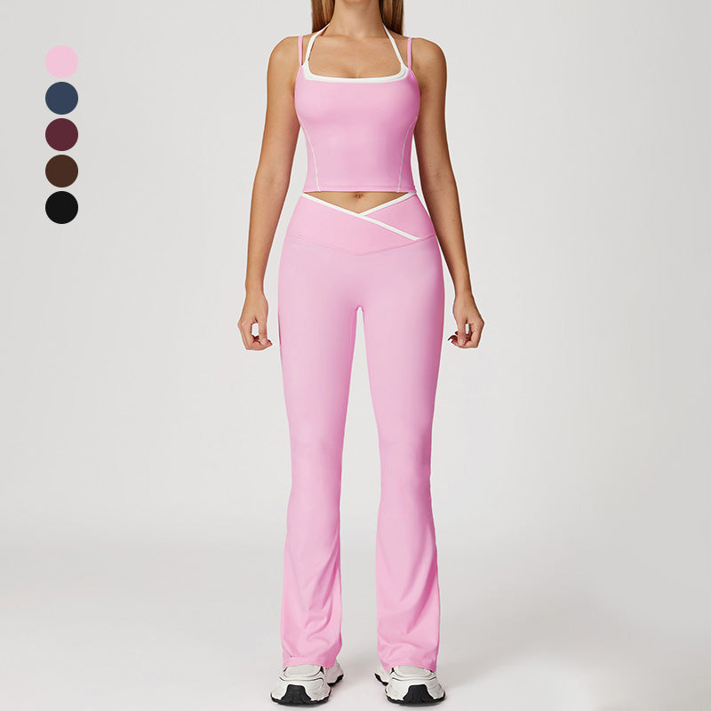 Fake two-piece halter tank top + High-waisted flared leg pants 2 piece Set