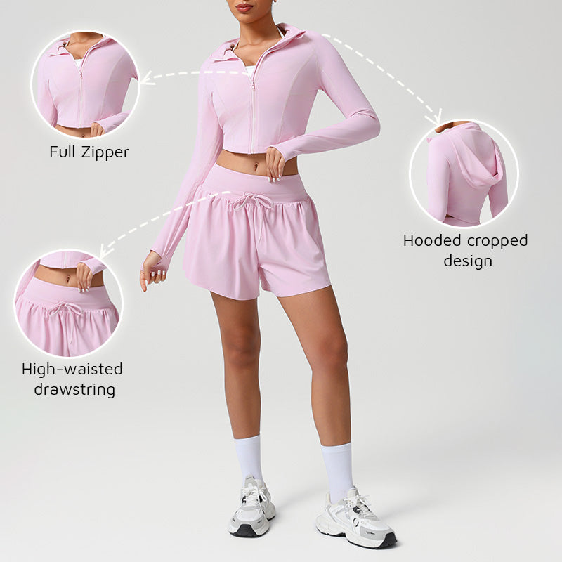 Snug-Fit Naked-Feel Hooded Jacket + High-waisted Loose Drawstring Shorts 2-Piece Set