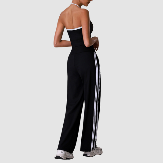 Wholesale Women's Striped Yoga Tank Top + High-Waist Wide-Leg Pants Set – Built-In Bra Pad Gym Fitness Set