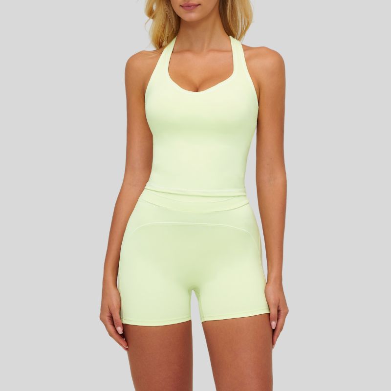 Contrasting racerback tank top+High waisted shorts 2-piece set