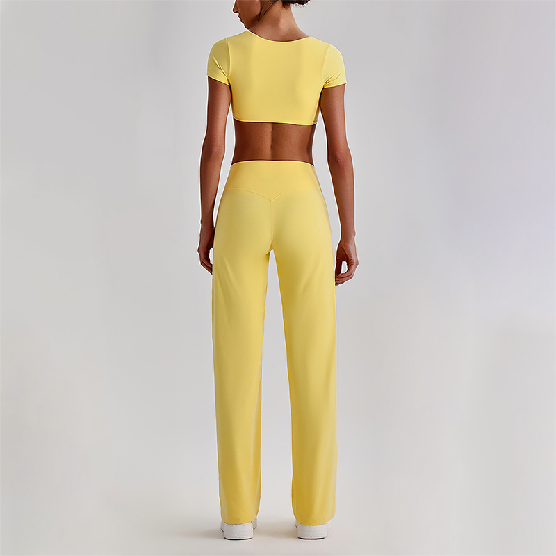 Wholesale Women's Short Sleeve Exposed Back Bra+Naked Feel Straight Leg Pants Yoga Set
