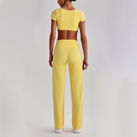 Wholesale Women's Short Sleeve Exposed Back Bra+Naked Feel Straight Leg Pants Yoga Set