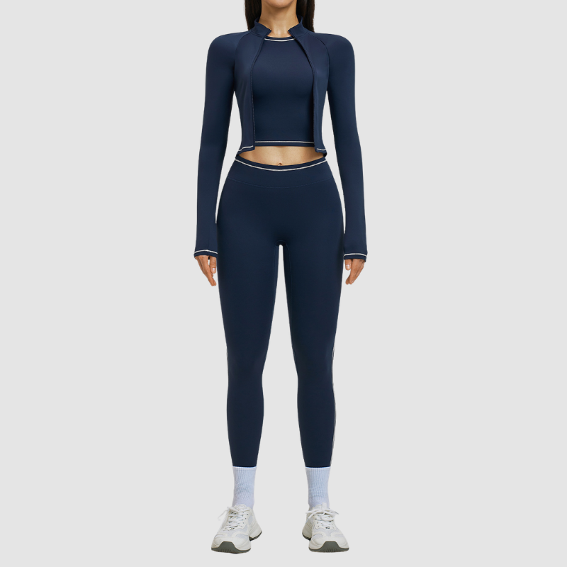 Color blocking nude sports jacket+Sport Bra+Legging running fitness 3-piece set