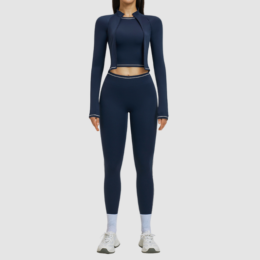 Color blocking nude sports jacket+Sport Bra+Legging running fitness 3-piece set