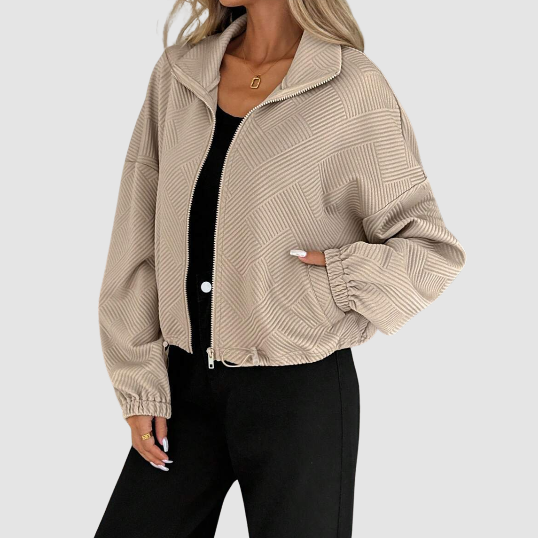 Wholesale Women's Stand-Collar Zip Jacket – Loose Drawstring Pocket Outerwear