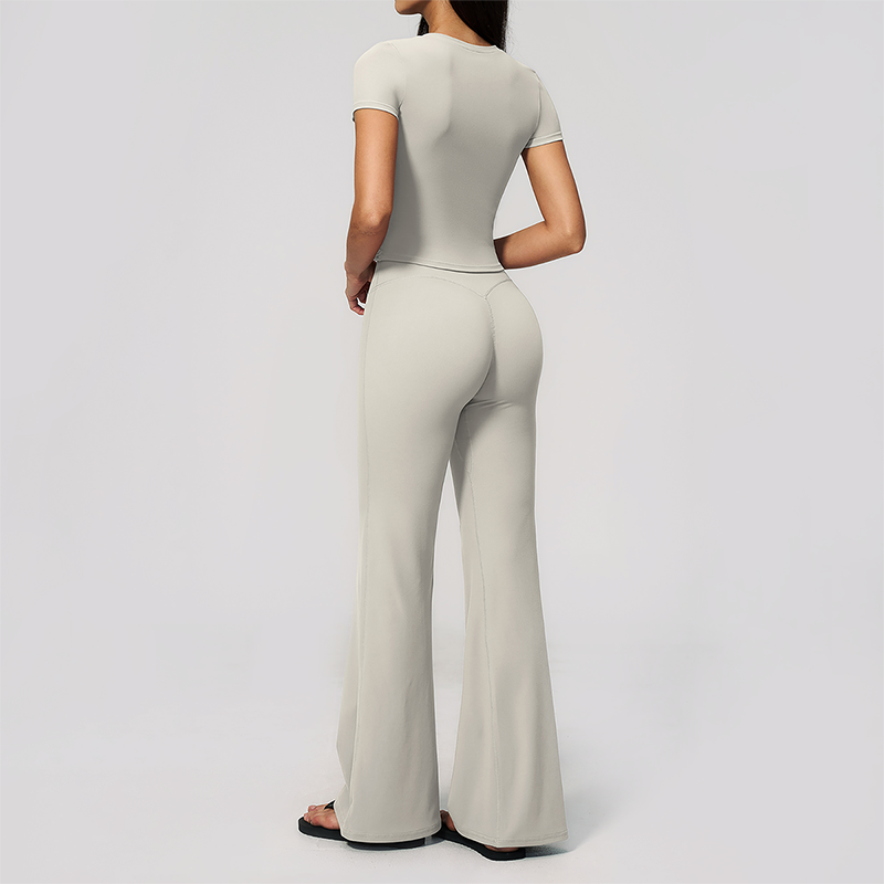 Wholesale Women's Buttery Soft Short Sleeve Crop Top & Flare Pants Yoga Set