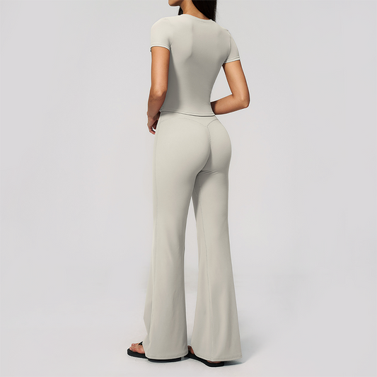 Wholesale Women's Buttery Soft Short Sleeve Crop Top & Flare Pants Yoga Set