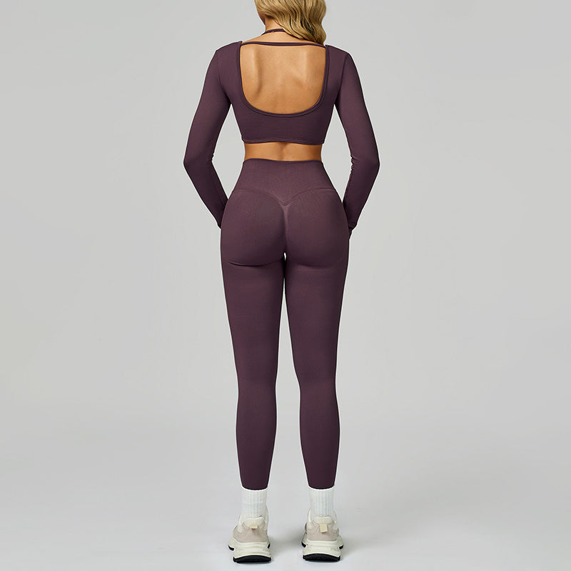 Seamless halter long sleeve top + High-waisted leggings 2-Piece Set